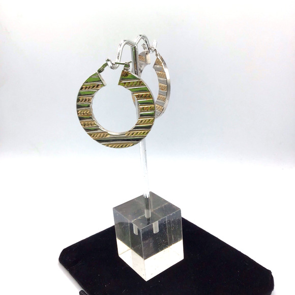 Sterling Silver Two Tone Textured Hoop Earrings 4.6g Polished Striped Design - Picture 13 of 14